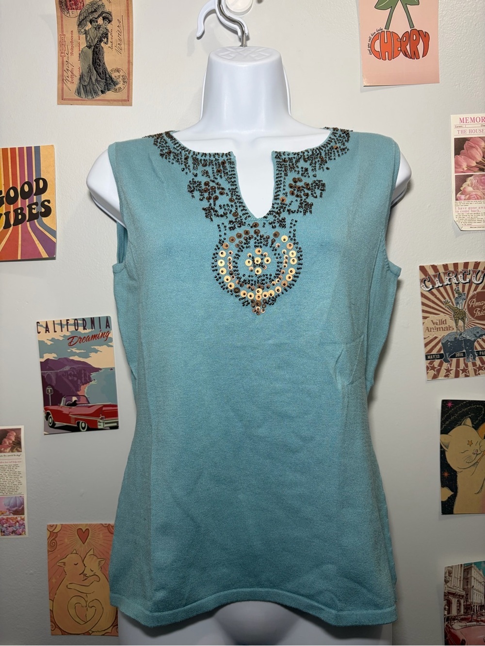 Style & Co. Light Teal Embellished Sleeveless Tank